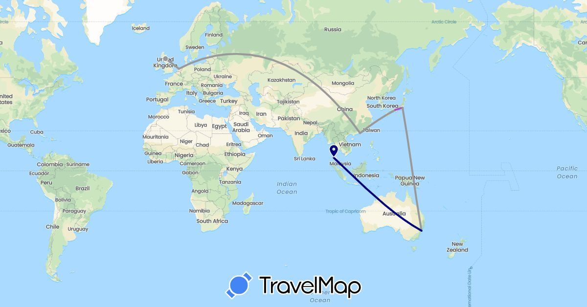 TravelMap itinerary: driving, plane, train in Australia, China, United Kingdom, Japan, Netherlands, Thailand (Asia, Europe, Oceania)